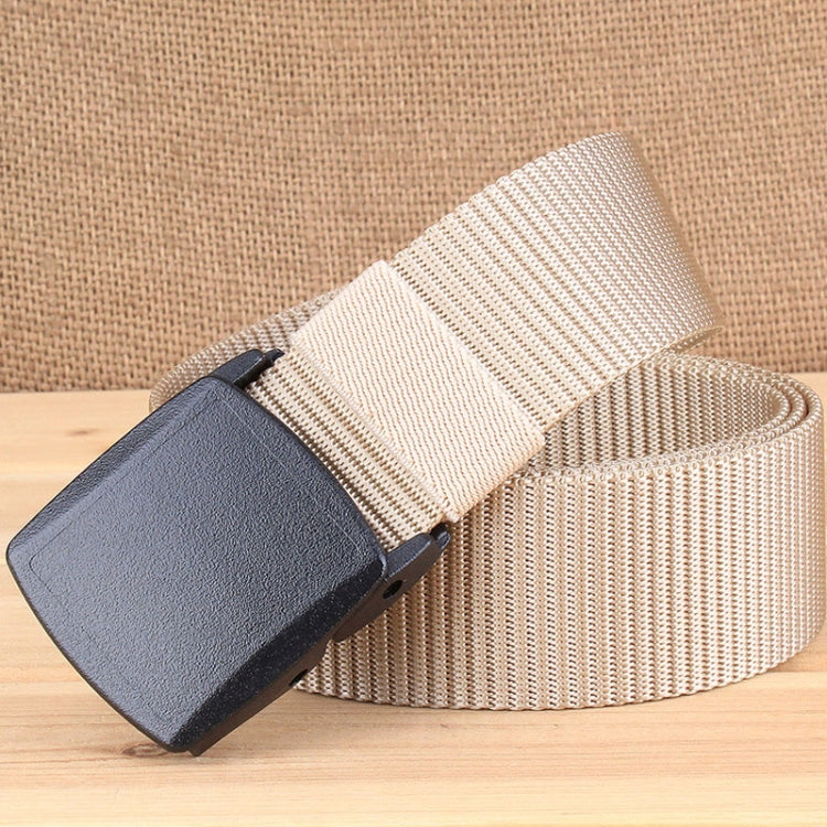 Beige woven nylon waist belt with rectangular dark gray buckle