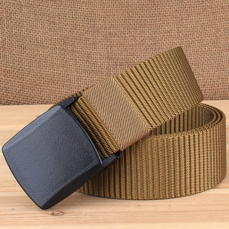 Khaki woven nylon waist belt with rectangular dark gray buckle