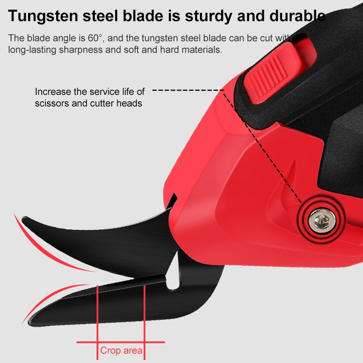 Red-and-black electric scissors cutter head with curved black blades