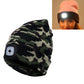 Unisex black camo knit winter beanie hat with 4-LED light panel and button battery