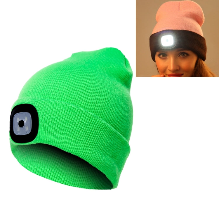 Unisex bright green knit winter beanie hat with 4-LED light panel and button battery