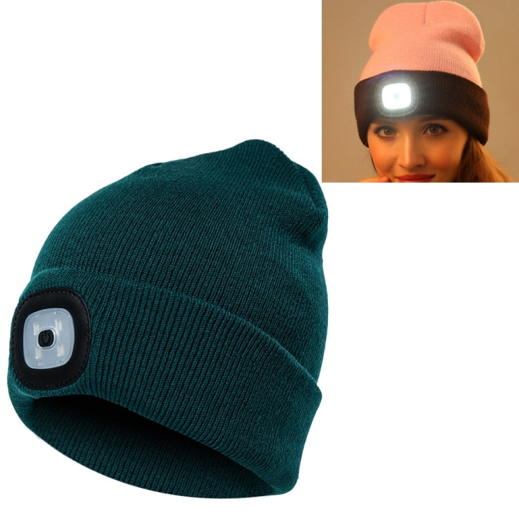Unisex teal knit winter beanie hat with 4-LED light panel and button battery