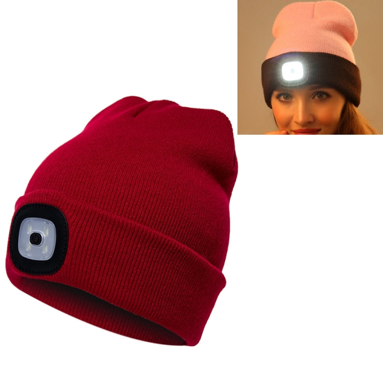 Unisex knit winter beanie hat in red with built-in LED light panel on front