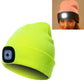 Unisex knit winter beanie hat in neon yellow-green with built-in LED light panel