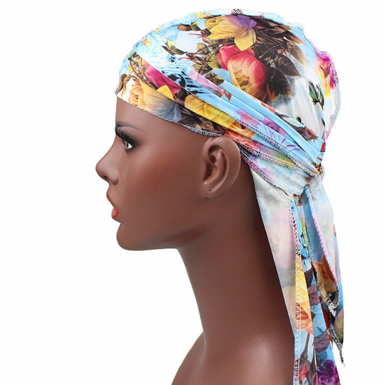 Floral printed headscarf pirate hat with long trailing ribbons, elastic fit