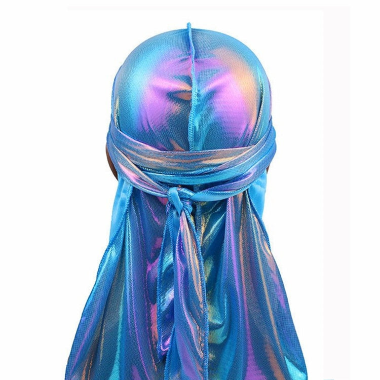 Iridescent laser-style pirate hat with long draped headscarf and front tie