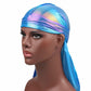 Iridescent pirate headscarf hat worn on head, with long trailing tail on the side