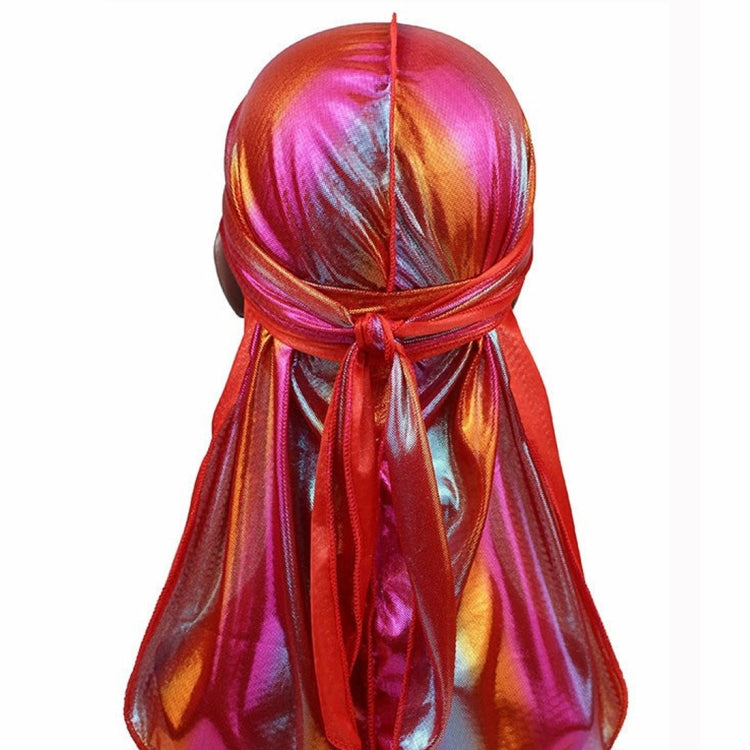 Holographic metallic pirate hat with front bow tie and long trailing drape