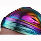 Holographic metallic headband seam detail on long-tailed pirate hat