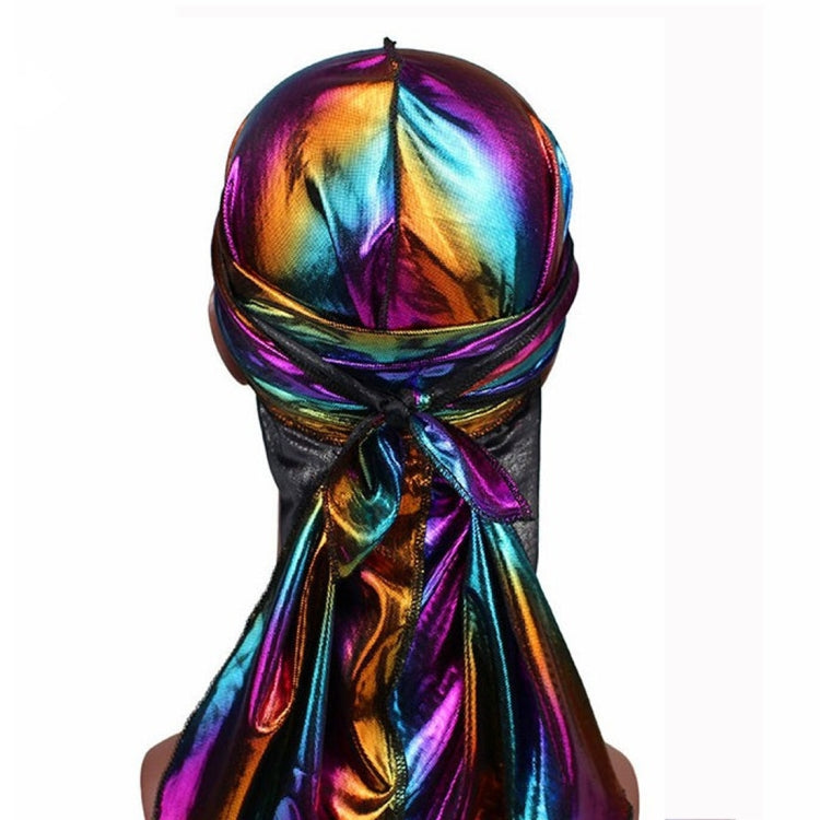 Long-tailed pirate hat with iridescent purple, blue, and gold metallic panels