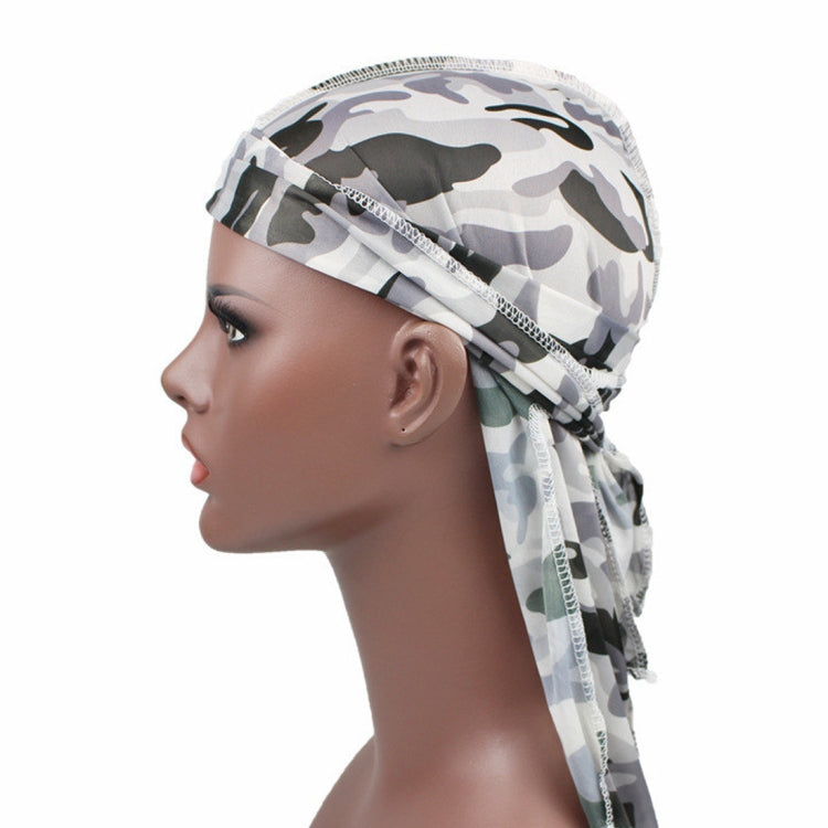 Camouflage pirate hat turban cap shown in side view with tied back tails