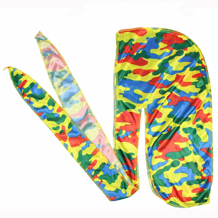 Camouflage long-tailed pirate hat turban cap with two long ties, red/blue/green print