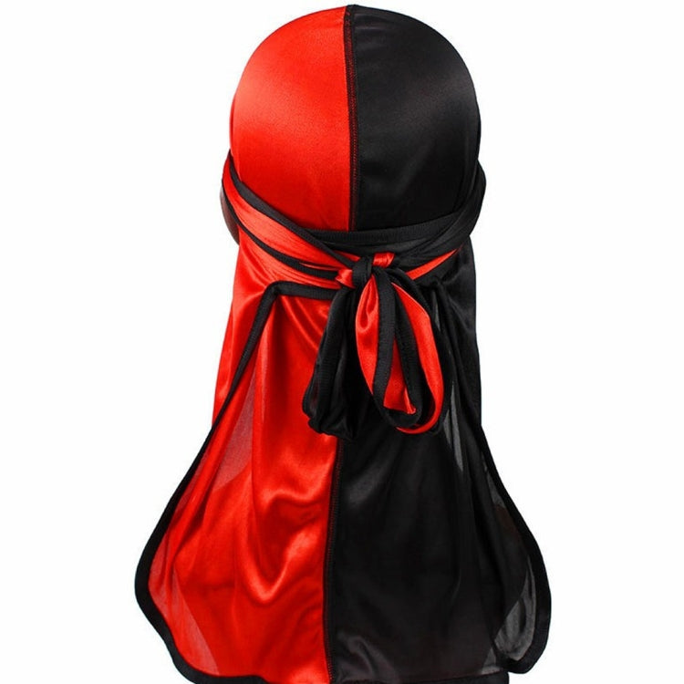 Double-color silk satin pirate turban cap in red and black, bow-tied back tails