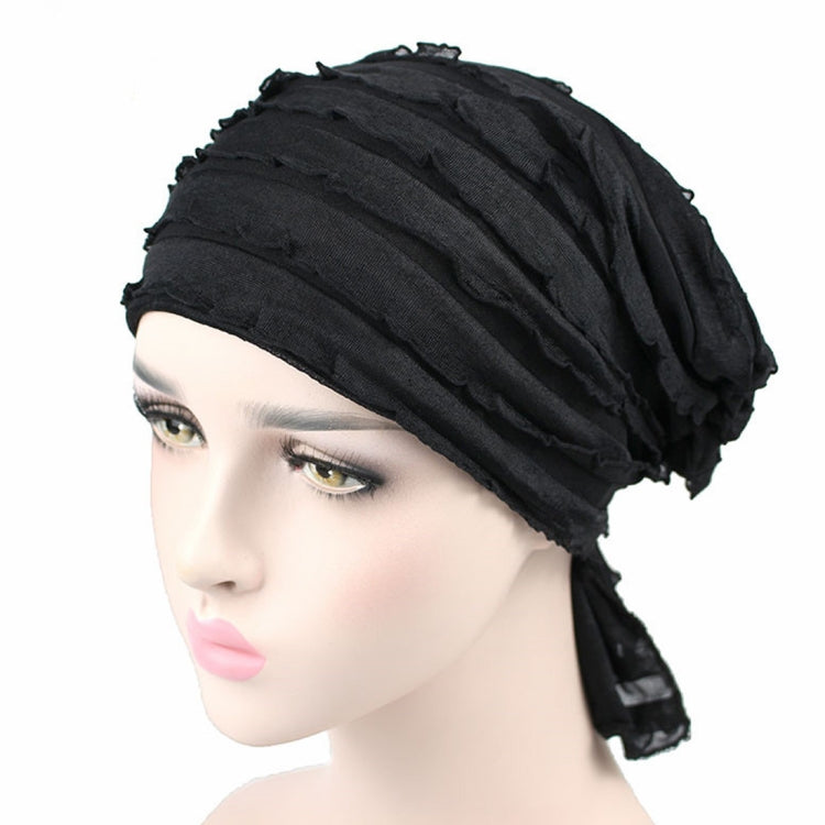 Black chiffon fold turban cap with stacked pleats and short drape on the side