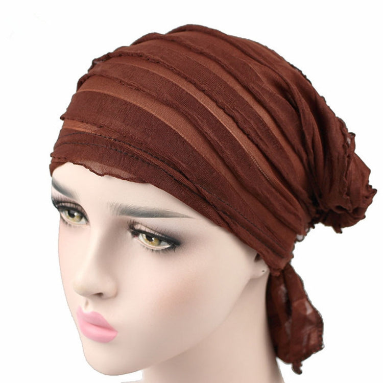 Brown chiffon fold turban cap with stacked pleats and tied side end