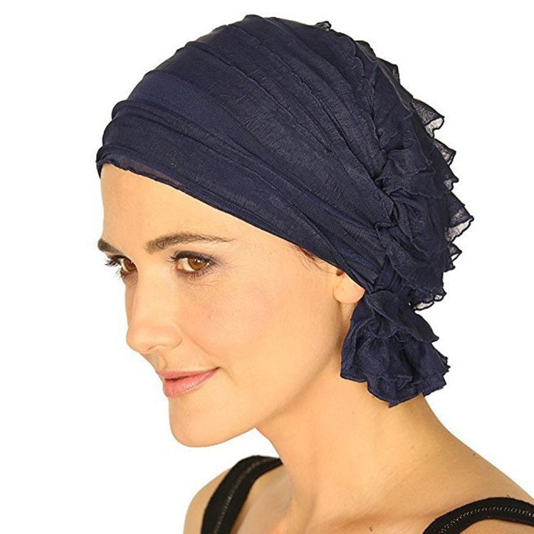 Navy blue chiffon fold turban cap with stacked pleats and ruffled side ties