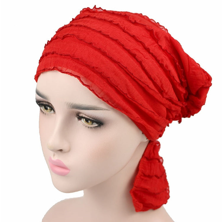 Red chiffon fold turban cap with stacked pleats and gathered side panel
