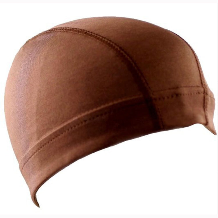 Coffee brown elastic dome wig cap with stitched seam and low-profile brim