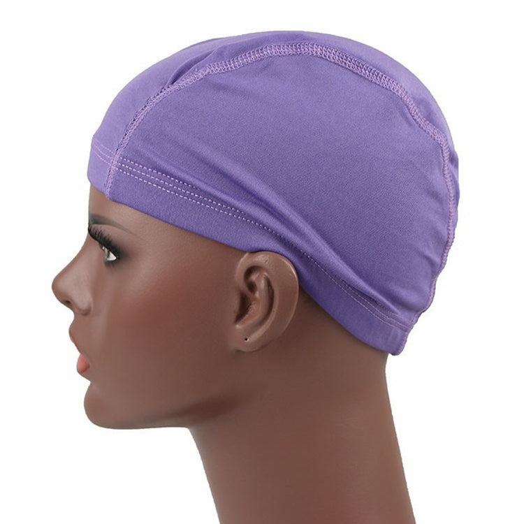 Purple elastic dome wig cap with stitched panel lines and low-profile brim