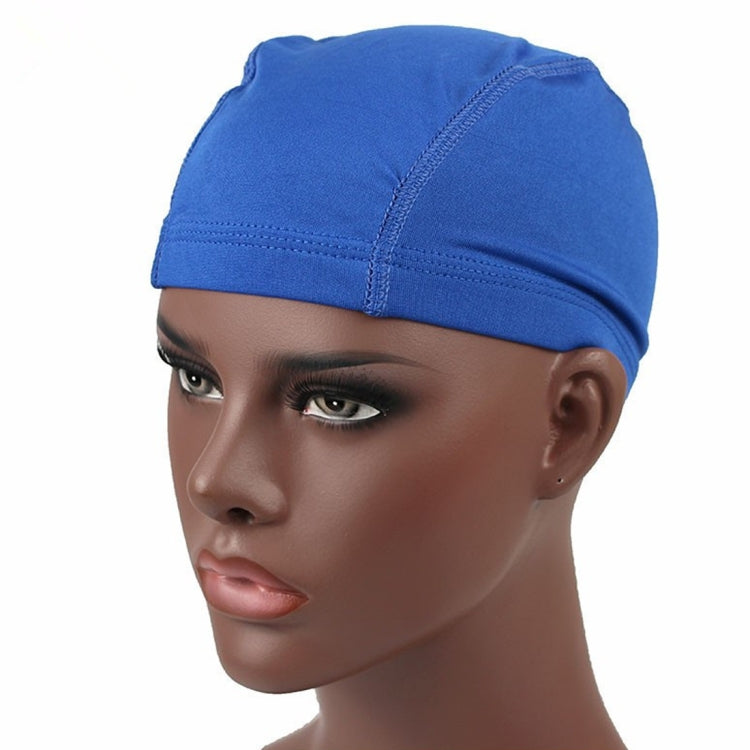 Sapphire blue elastic dome wig cap with stitched panels and low-profile brim
