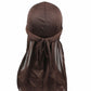 Coffee brown long-tailed headscarf hat with gathered fabric and tied back