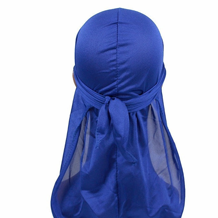 Blue long-tailed headscarf hat with elastic band and gathered tied tail
