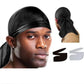 Black long-tailed headscarf hat with elastic band and draped back tail