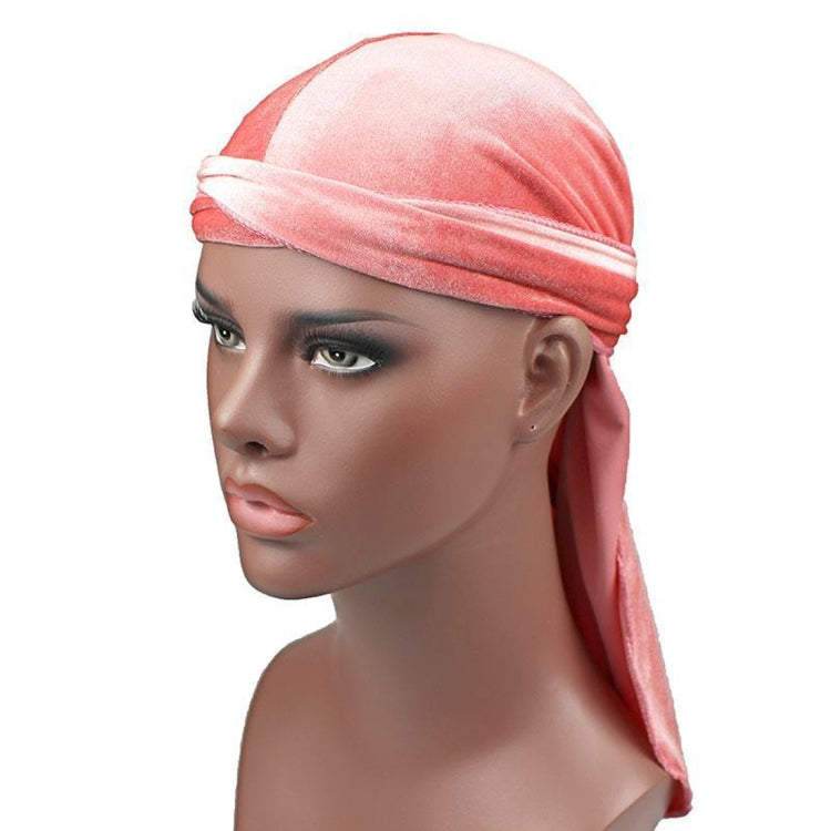 Light pink velvet turban cap with wrapped band and long trailing tail