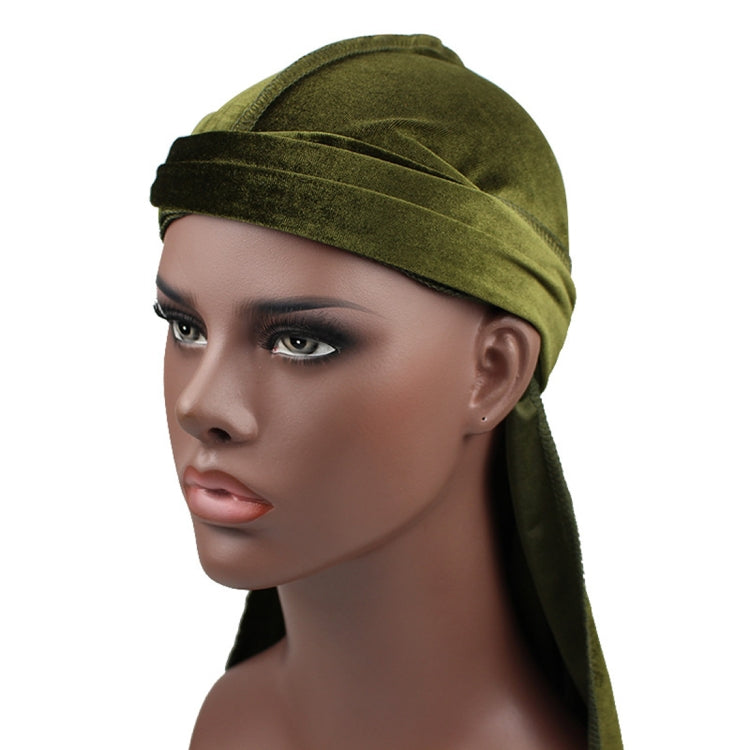 Olive green velvet turban cap with wrapped band and long trailing tail