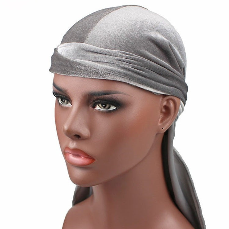 Grey velvet turban cap with smooth wrap band, no visible tail