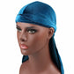 Blue velvet turban cap with front wrap band and long side tail