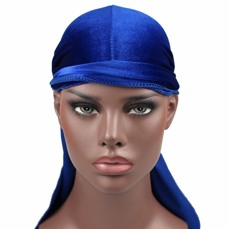 Royal blue velvet turban cap with wrap band and long trailing drape
