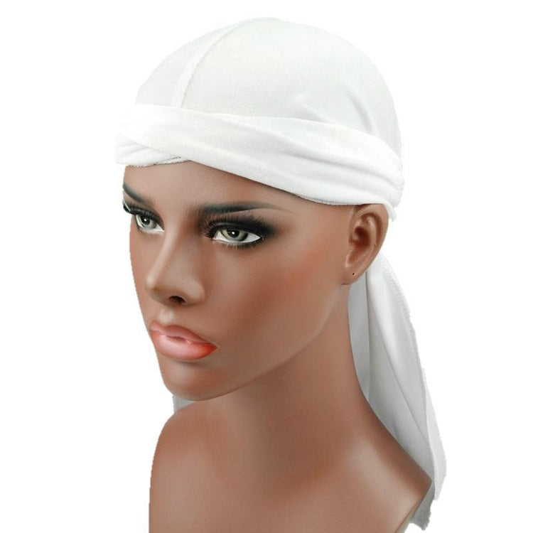 White velvet turban cap with smooth front wrap and side drape tail