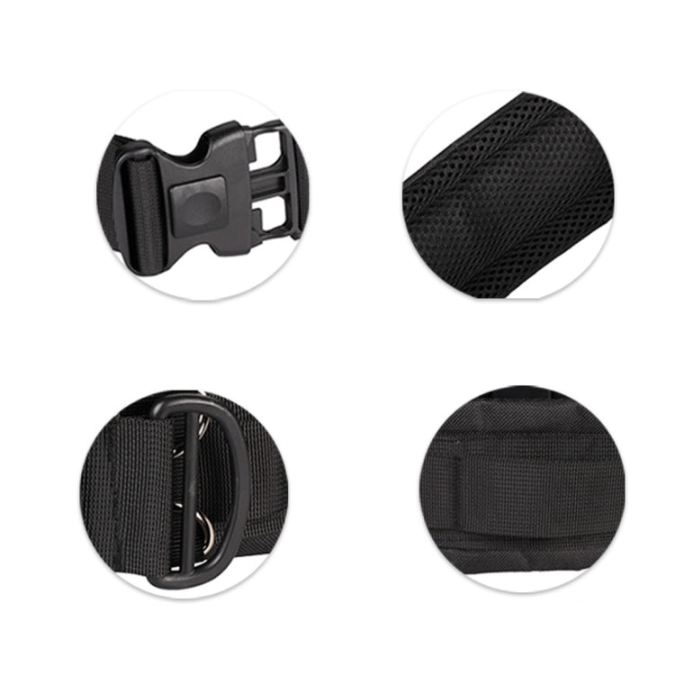 Black belt hardware and textured webbing panels, showing buckle and mounting slots