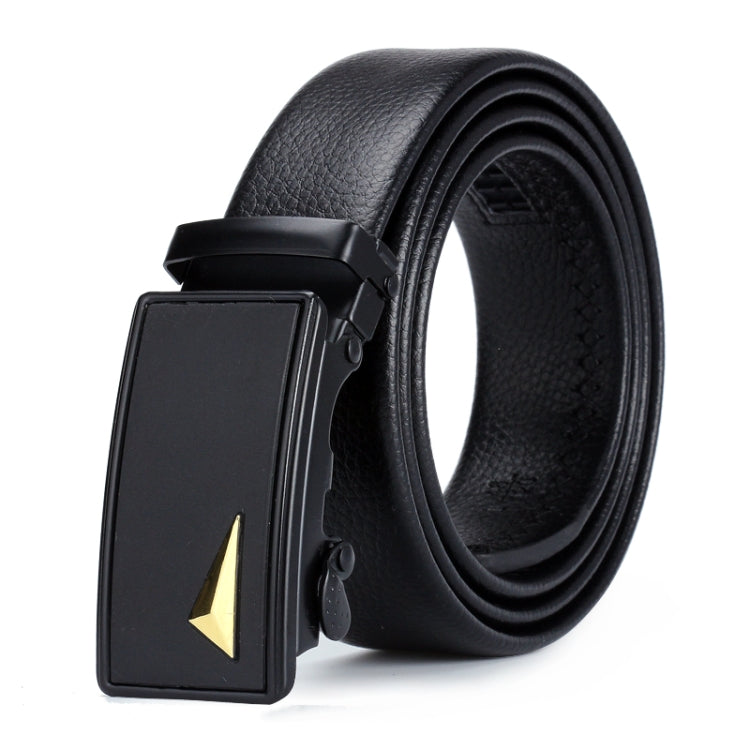 Men's black leather belt with automatic buckle and gold arrow detail