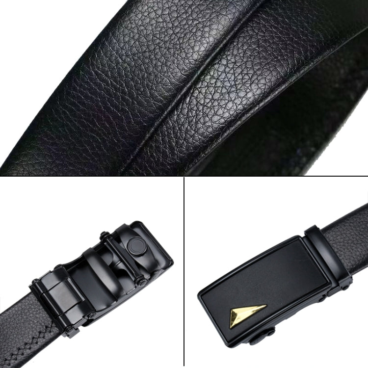 Men's black leather belt close-up of textured strap and automatic buckle hardware