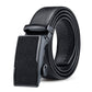 Angled black leather belt with automatic rectangular buckle and double-edge wrap