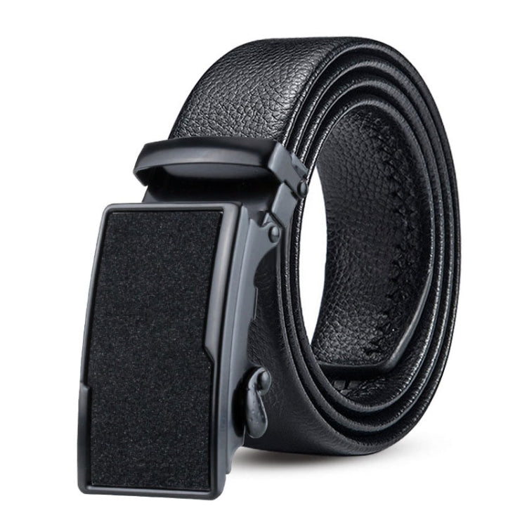 Angled black leather belt with automatic rectangular buckle and double-edge wrap
