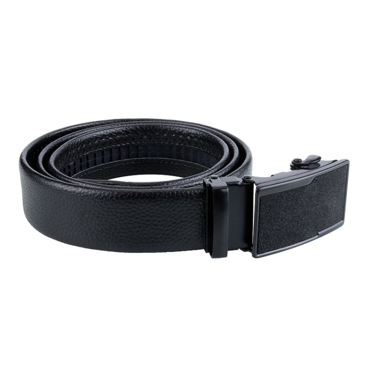Black leather belt with automatic buckle and keeper loop, wide strap front