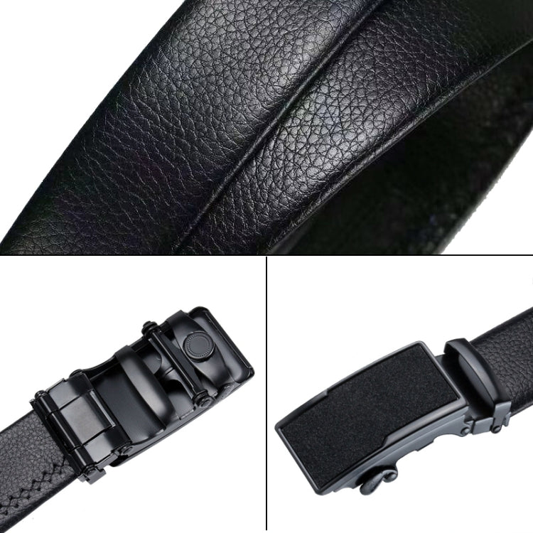 Black leather belt buckle and textured strap close-up detail