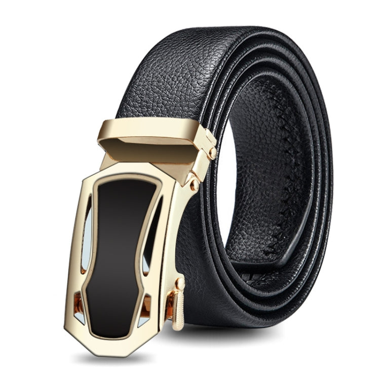 Men's black leather belt with gold automatic buckle, double-edge wrap strap