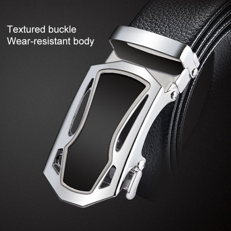 Men's black leather belt with textured silver buckle, wear-resistant double-edge wrap