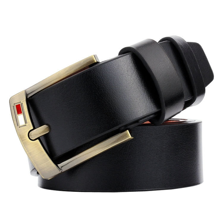 Men’s black leather belt with gold-tone pin buckle and red enamel stripe