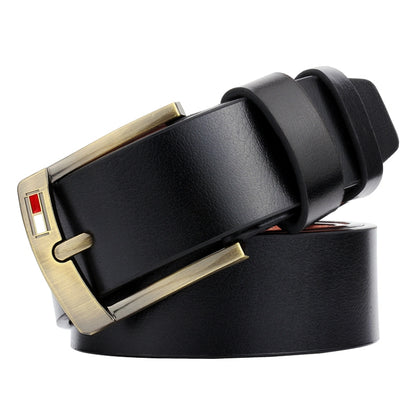 Men’s black leather belt with gold-tone pin buckle and red enamel stripe