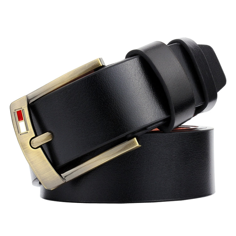 Men’s black leather belt with gold pin buckle and double keeper strap