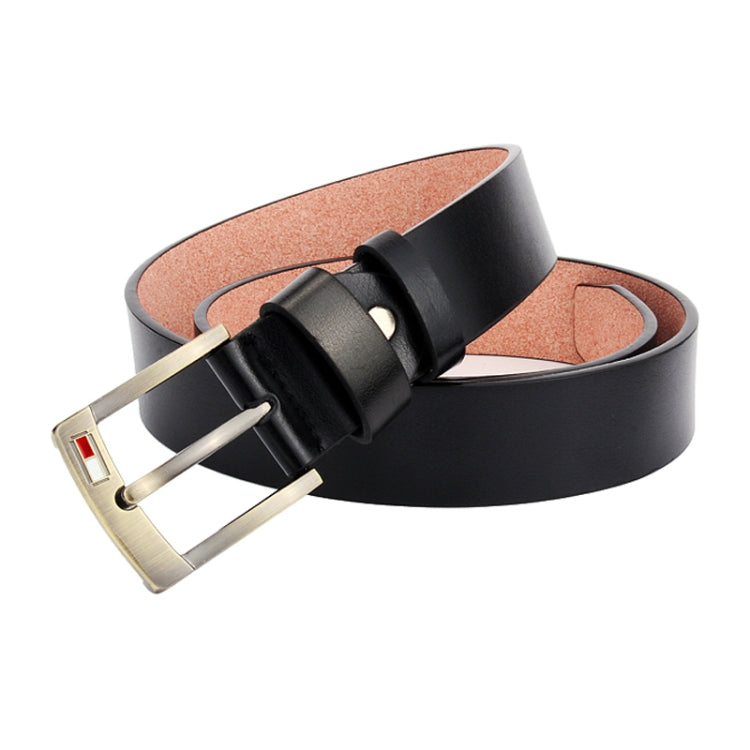 Men’s black leather belt with gold pin buckle and tan underside