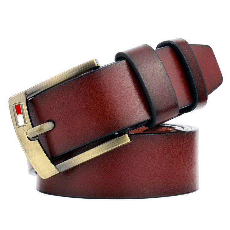 Men’s brown leather belt with gold-tone pin buckle and double keeper loops