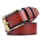 Men’s brown leather belt close-up with gold pin buckle and stitched edge