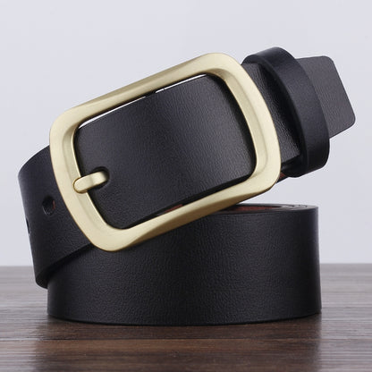 Men's black leather belt with antique gold-tone pin buckle and square keeper holes
