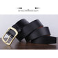 Men's black leather belt with antique gold-tone buckle, styled buckle side view